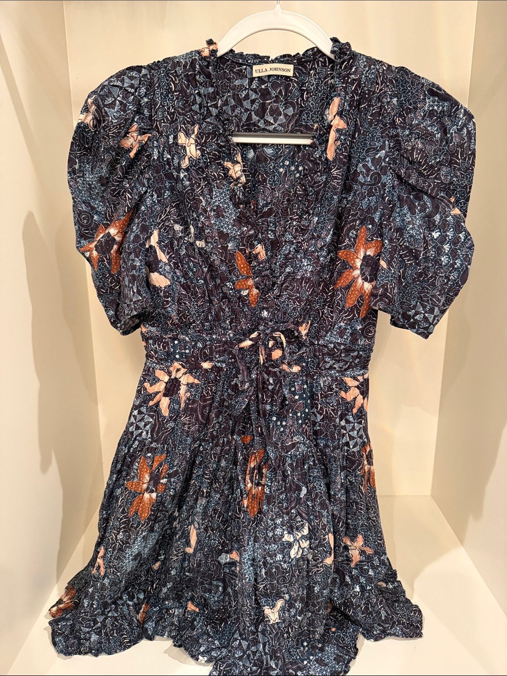 Ulla Johnson Navy and Peach Floral Puff-Sleeve V-Neck Dress